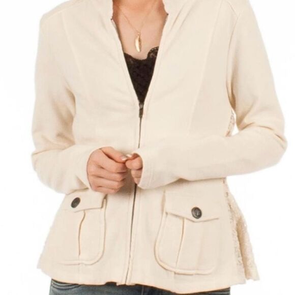 Others Follow Cleo Cream Ruffle Lace Insert Cotton Blazer Zip-Front M - Picture 1 of 13